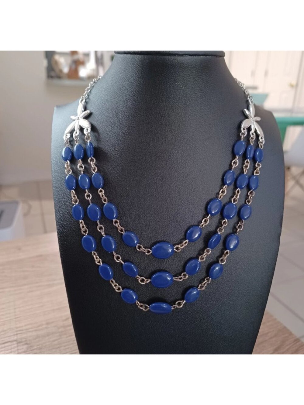 Avon Necklace Multi Strands Blue Silver Tone 17”-21" Layered Adjustable